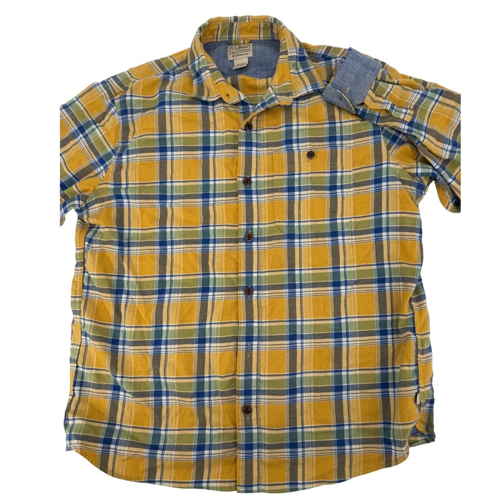 LL Bean Flannel Shirt Medium Reg Yellow Green Plaidβ Traditional Fit Long Sleeve